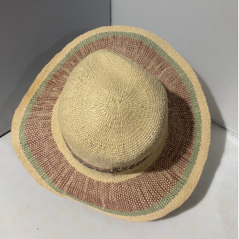 Woven Paper Straw Sun Hat Wide Brim Fedora Striped Boho Beach Tan Green 57cm - Picture 5 of 7